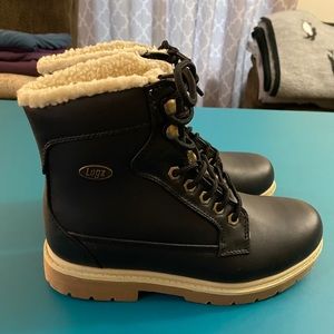 Black Leather Sherpa Lined Lugz  Boots, Size 8